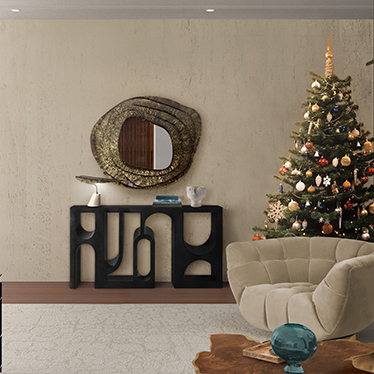 ESSEX Armchair, COLOSSEUM Console, CALLA Table Light, KUMI II Mirror